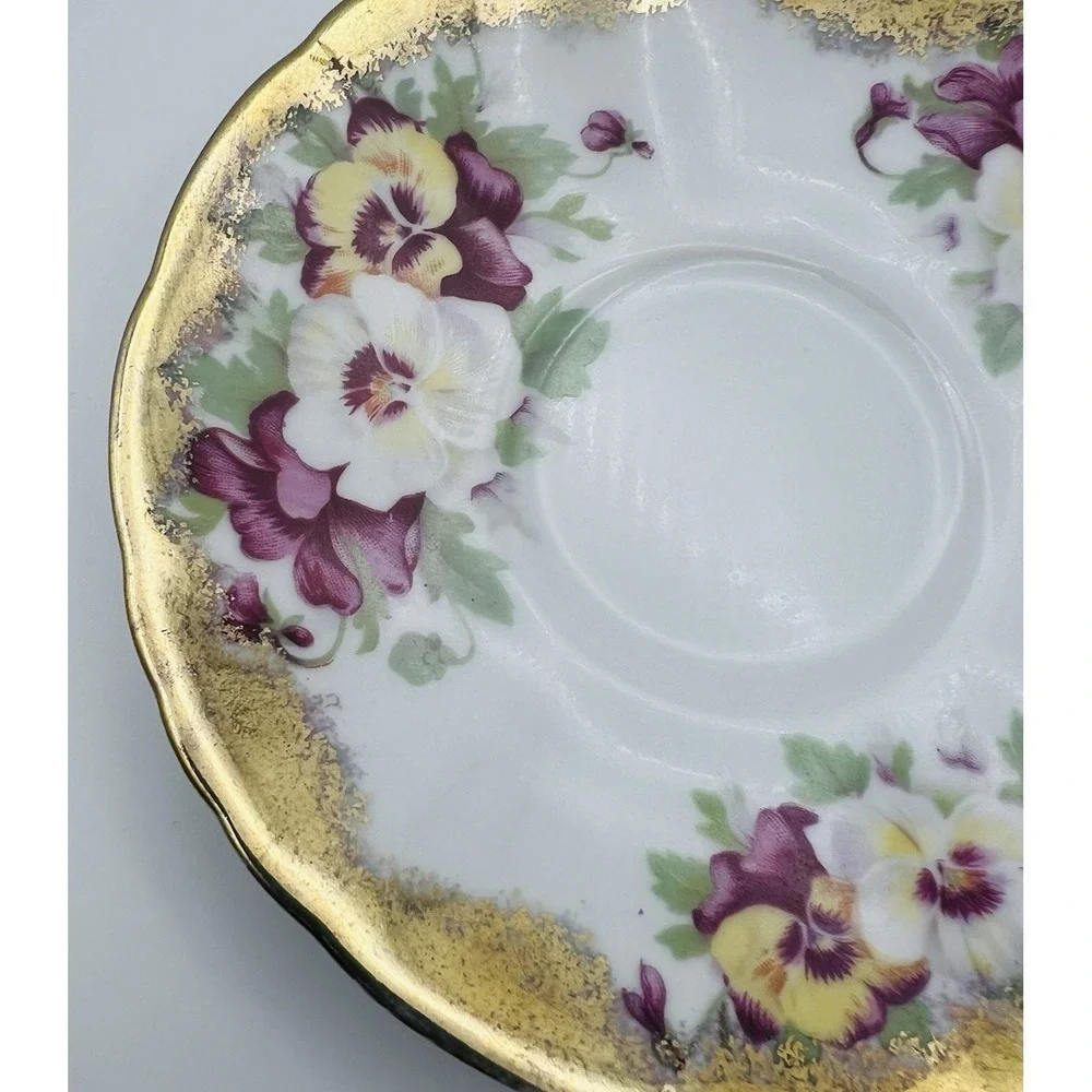 Norcrest Teacup Saucer Gold Encrusted Pansy Floral Footed China Japan Vintage